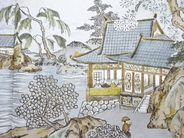 JAPANESE KIMONO / ANTIQUE NISHIJIN MENS HAORI / A TEMPLE SCENE PATTERN